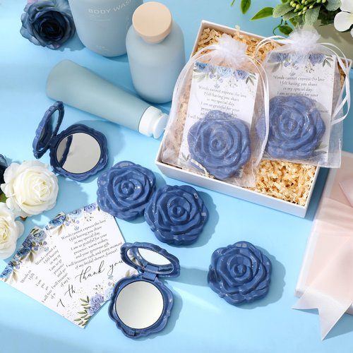 FoldTier 50 Sets Bridal Shower Party Favors for Guests Small Rose Compact Mirror Bulk Wedding Favors Thank You Cards and Organza Bags Wedding Party Guests Souvenir Gift (Blue)
