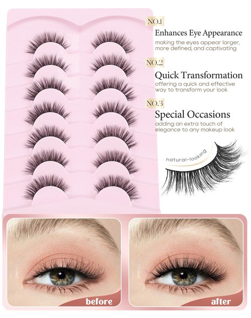 Onlyall Natural Lashes Wispy Lashes Natural Look False Eyelashes Natural Flared Eyelashes False Eye Lashes Soft Fluffy Lashes 7 Pairs D75