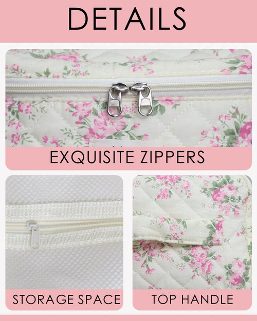 Makeup Bag, Quilted Makeup Bag, Cotton Large Travel Makeup Bags, Floral Cosmetic Bag, Travel Quilted Makeup Bags for Women, Flower Toiletry Bag