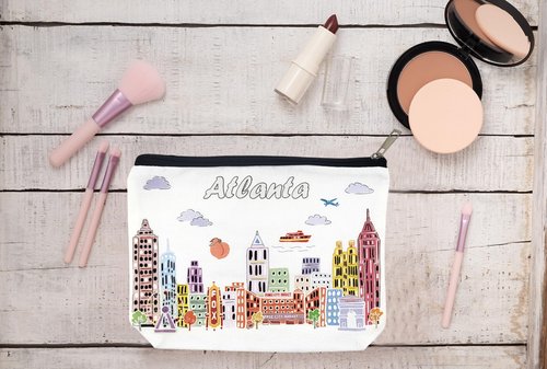 Beary Blu City Themed Artwork Cosmetic Bag Series – Designed in USA, Travel Makeup Bag with Zipper, Souvenir Gift for Women, Artwork Organizer for Purse or Toiletry (Atlanta)