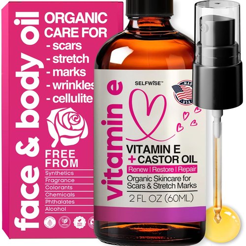 Organic Vitamin E Oil - Scar & Stretch Mark Treatment with Castor, Rosehip, Jojoba | Hydrating Face & Body Oil