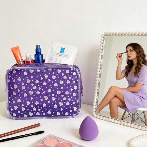 TotePrint 2set Neon TSA Approved Clear Toiletry Pouch, 7"x2.3"x4.7" Size, PVC Travel Makeup Bags for Toiletries, Transparent Cosmetic Bag for Women and Men Small (Heart+Pink)