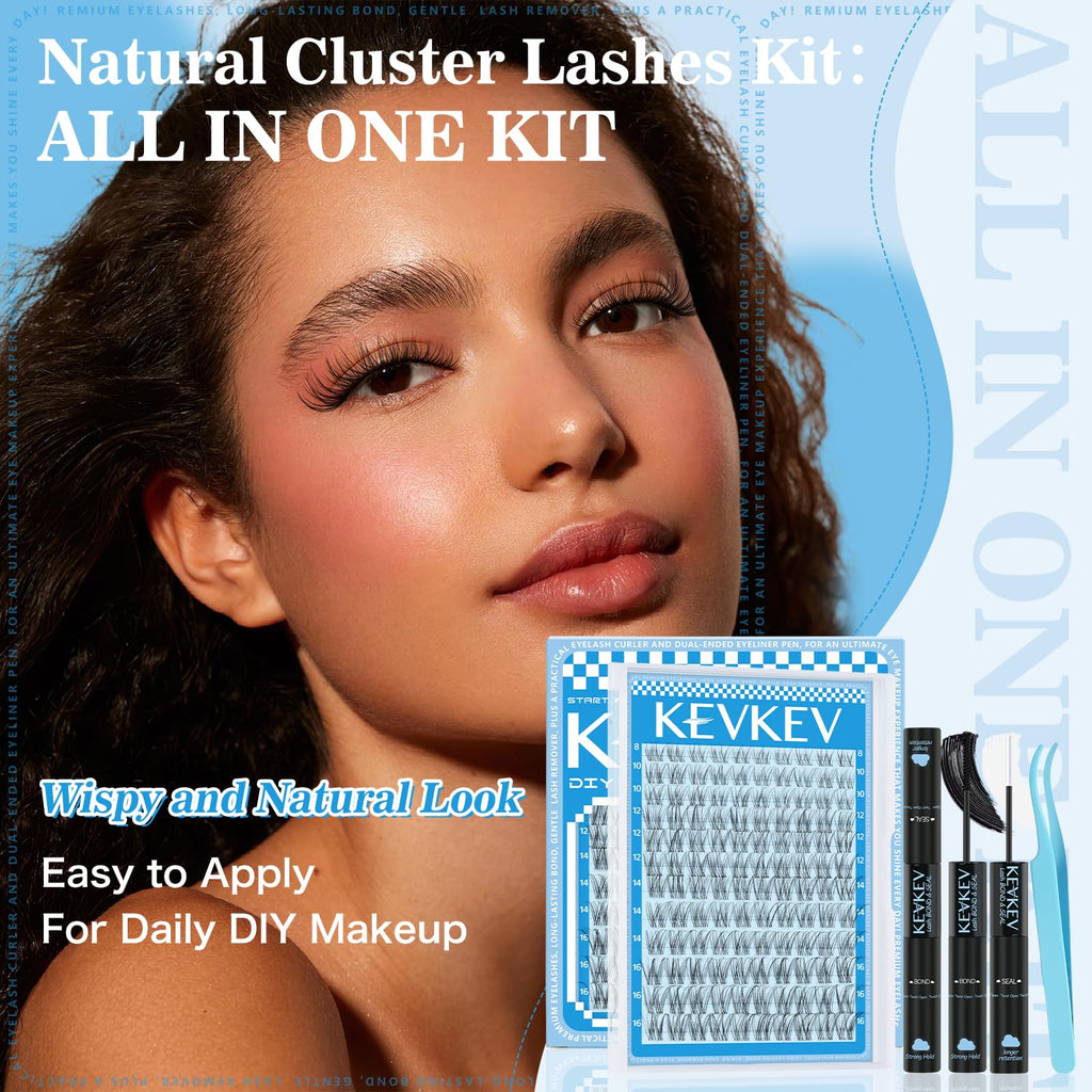 Wispy Lash Clusters Kit Venus Invisible Thin Band Natural Eyelash Clusters 8-16mm Lash Extension Kit Mix Length Clear Band Natural Look Cluster Eyelash Extensions With Lash Bond DIY Lash At Home