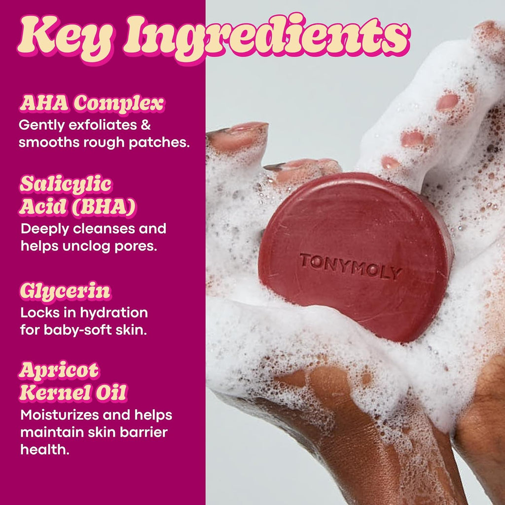 TONYMOLY AHA Exfoliating Body Bar - Gentle Daily Buffing Soap with Plum & Cica Extract for Soft Skin