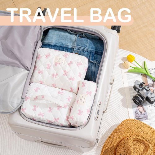 UUYUUY Makeup Bag for Women 3PCS Quilted Cotton Make Up Bag Travel Cosmetic Bag Large Makeup Bag Set Cute Bow Makeups Purse Organizer Floral Toiletry Pouch