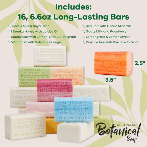 Australian Botanical Soap 16-Bar Set, Goats Milk & Soya Bean 8-Pack + Variety 8-Pack,| 6.6 OZ Triple-Milled Soap Bars with Organic Shea Butter & Sustainable Plant Oils