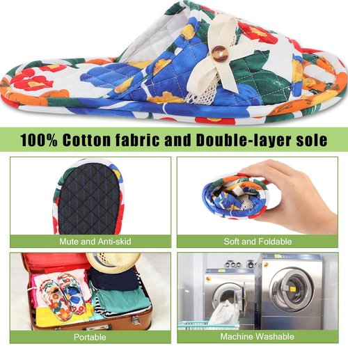 Chuarry 5 Pairs Floral Cotton House Slippers for Women, Soft Open Toe Indoor Spa Slippers for Guests Non Slip Washable Comfortable Portable Shoes for Hotel Travel Bedroom Airplane Party