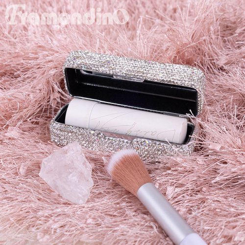 Framendino, Rhinestone Lipstick Case with Mirror Bling Crystal Lip Pomade Holder for Women (Silver)