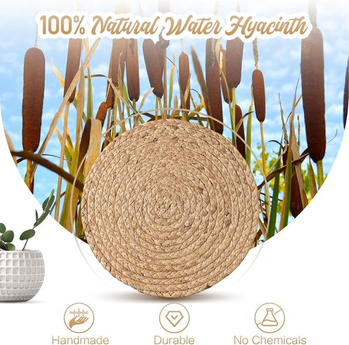 Aofmee Round Woven Placemats Set of 6 - Boho Rattan Table Mats in Natural Water Hyacinth for Rustic Dining Decor