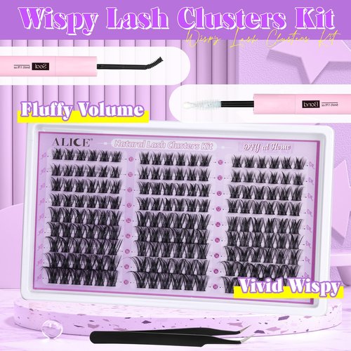 ALICE Wispy Lash Clusters Kit Natural Fluffy Lash Extension Kit Cluster Eyelash Extension Kit 162pcs C Curl 10-18mm Eyelash Clusters with Lash Glue Bond and Seal Lash Tweezers