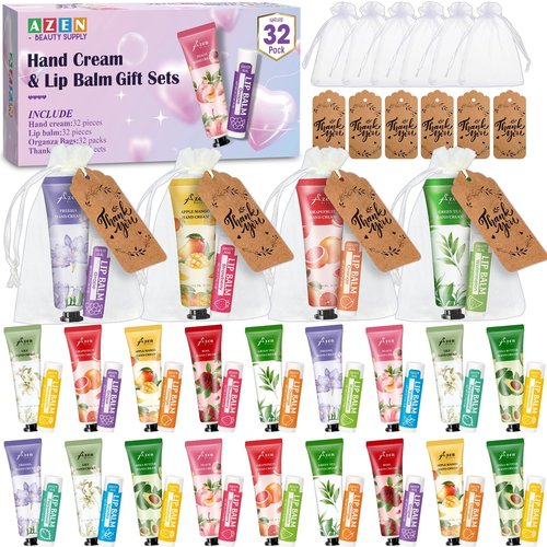 AZEN 32 Sets Bulk Gifts, Hand Cream and Lip Balm Bulk Set with Organza Bag Thank You Card, Baby Shower Wedding Gifts for Guests, Bridal Wedding Favors, Valentines Gift for Women