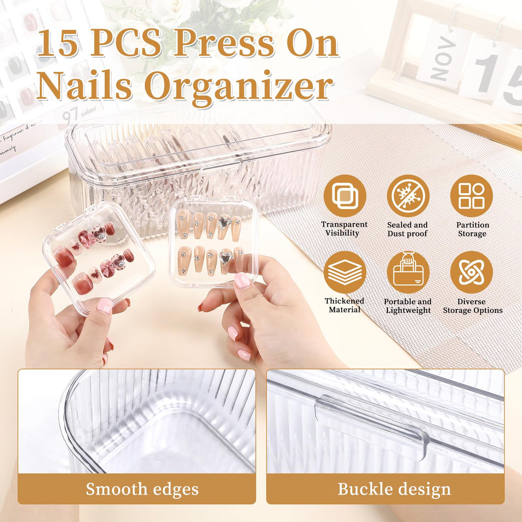 YINGJEE 15 Pcs Press On Nail Storage Box Container, Clear Press On Nail Packaging Box with 60 Pcs Adhesive Double Sided Tape, False Nail Organizer Case Nail Display Case for Nail Art Home Salon