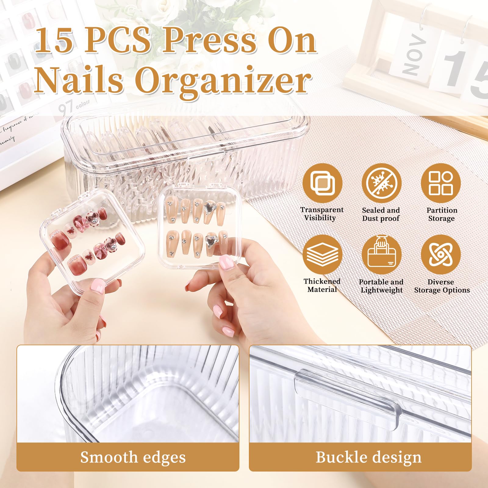 YINGJEE 15 Pcs Press On Nail Storage Box Container, Clear Press On Nail Packaging Box with 60 Pcs Adhesive Double Sided Tape, False Nail Organizer Case Nail Display Case for Nail Art Home Salon
