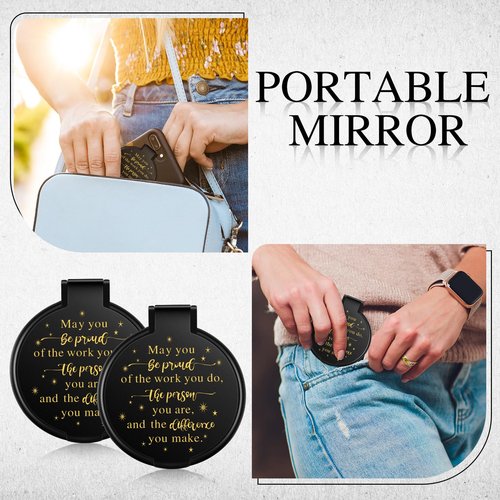 Huwena 100 Pcs Inspirational Compact Mirror Bulk Mini Gifts Women Round Purse Pocket Mirror, Employee Appreciation Gifts for Colleague, Wedding Graduation Party Favors for Guests(Black,Proud)