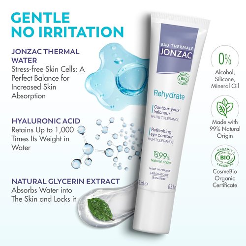 Eau Thermale Jonzac Rehydrate Eye Contour Cream - Soothing Hydration with Hyaluronic Acid for Dark Circles - 0.5 Fl Oz