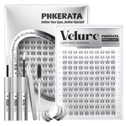 PHKERATA Velure Lash Clusters Kit Natural Eyelash Clusters Wispy Lash Extension Kit Invisible Clear Band Lashes DIY Cluster Eyelash Extensions with Bond and Seal Tweezers, 8-16mm, 120Pcs