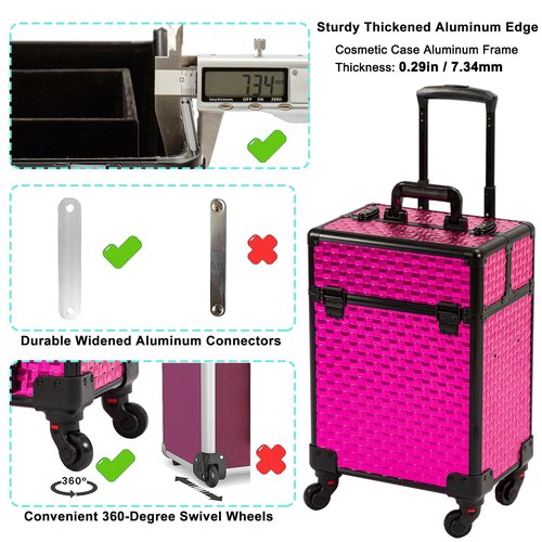 AROUS Rolling Makeup Train Case Cosmetic Travel Trolley with 4 Aluminum Trays with Sliding Rail Removable Middle Layer with Key Swivel Wheels Salon Barber Traveling Cart Trunk, Rose Red