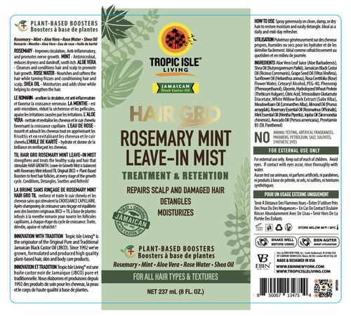 Tropic Isle Living Rosemary Mint Leave-In Conditioner 8oz/ 237ml - Detangles, Moisturizes, Repairs Scalp and Damaged Hair with Natural Formula, Suitable for All Hair Types, Cruelty-Free