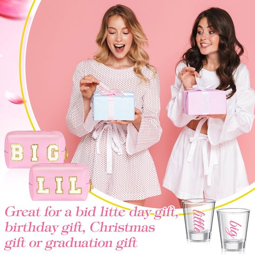 Shinylin 2 Set Big Little Sorority Gifts Includes Clear Sorority Big Little Shot Glass PU Leather Preppy Cosmetic Bag 2oz Tequila Mini Glass Cup Letter Makeup Pouch for Women Sister(Cute)