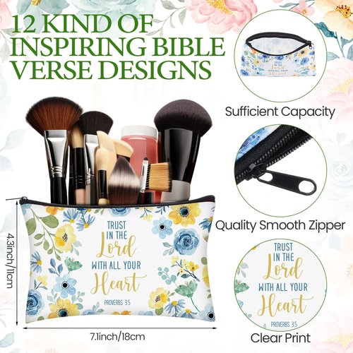 Geelin 24 Pcs Christian Gifts Bulk for Women 12 Floral Religious Canvas Makeup Bags 12 Bible Verse Compact Mirrors Inspirational Church Party Gifts for Women Mother Sister