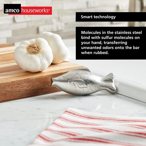 Amco Rub Away Bar, Stainless Steel Odor Absorber, Fish Shaped - Dishwasher Safe Kitchen & Outdoor Essential for Garlic, Onion, Fishing, Hiking Odors - Natural Odor Remover