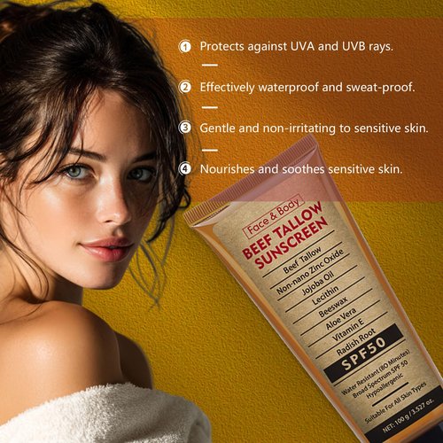 Beef Tallow Sunscreen with Zinc Oxide for Body Facial, Non-Toxic Natural Mineral Sunscreen Reef Safe Sunblock SPF 50,Clean Non-Greasy (For Sport or Daily Use), 3.5 OZ