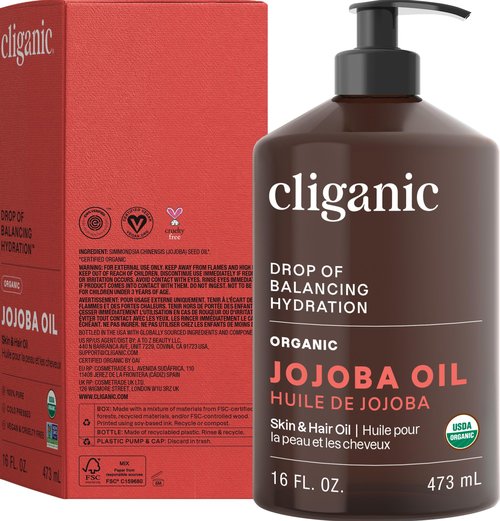 Cliganic Organic Jojoba Oil 16 oz, 100% Pure | Bulk, Natural Cold Pressed Unrefined Hexane Free for Hair & Face | Base Carrier Oil