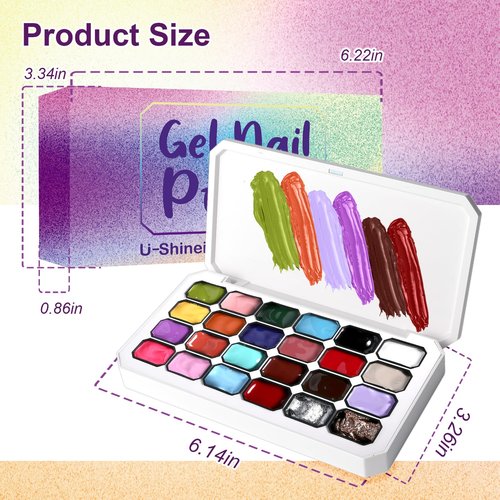 U-Shinein Gradient Painting Gel, 24 Gliter Colors Ombre Gel Nail Polish for Pigment Pat Silver&Gold Aura Nails, French Manicure DIY Nail Art Long-lasting No-wipe Palette B
