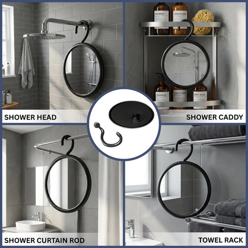 MIRRORVANA Hangable Round Fogless Shower Shaving Mirror with 360° Swivel Rotatable Hook for Hanging and Bonus Anti-Fog Spray - Anti Fog and Shatterproof Surface, 6.7" Diameter (Black)