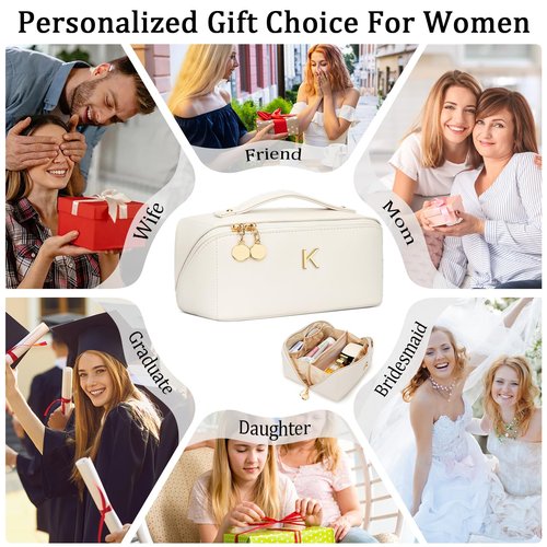 CLOUDWINGS Initial Makeup Bag Gifts for Women Bridesmaid Gifts Travel Toiletry Personalized PU Leather Waterproof Cosmetic Bag (Medium-Beige-K)