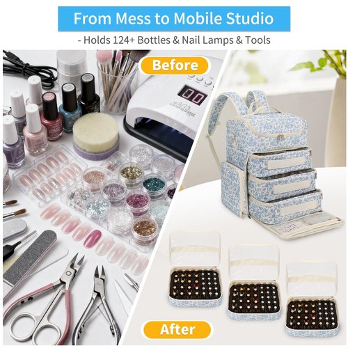 Extra Large Nail Polish Organizer Backpack, Holds 124+ Bottles & Full Size Lamp, Travel Nail Organizers and Storage Bag with 3 Removable Pouches, Portable Nail Supplies Case (Floral Blue, 124 Slots)