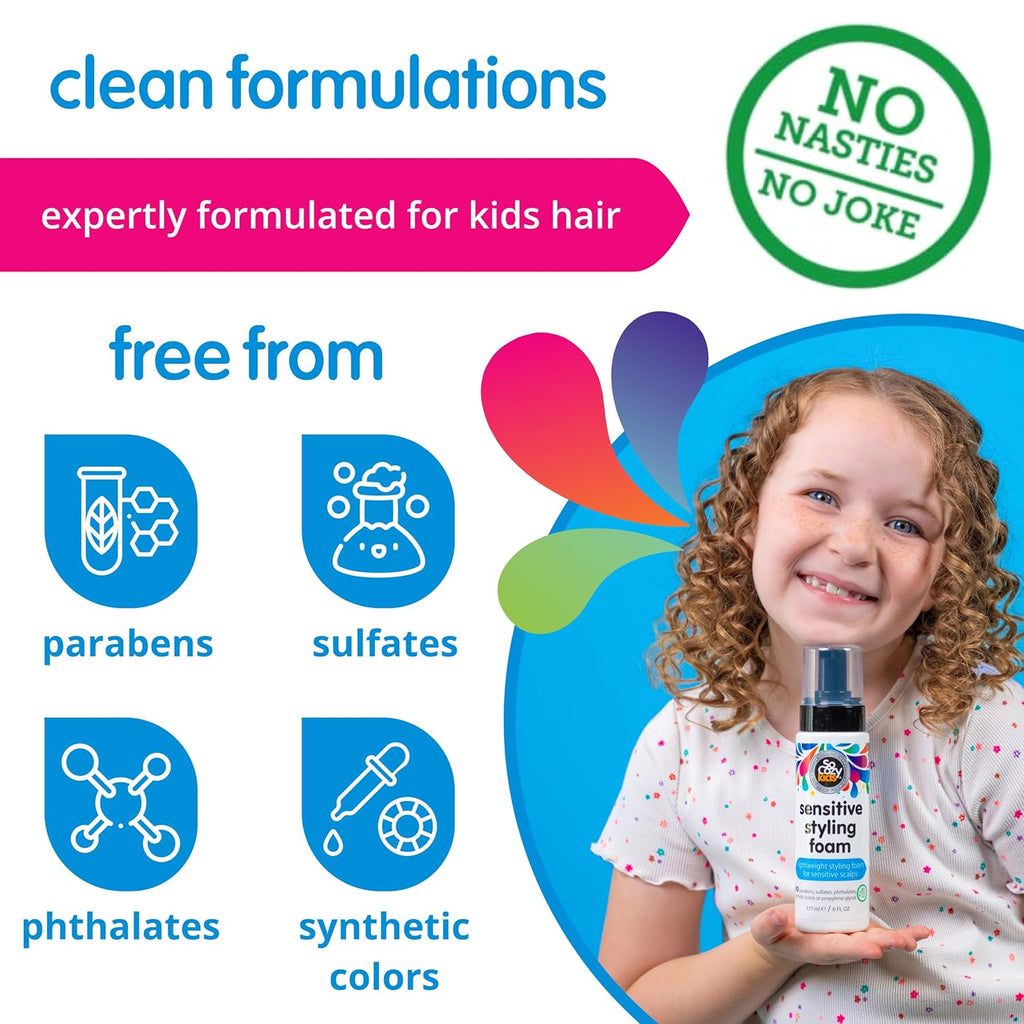 SoCozy Kids Sensitive Styling Foam - Gentle Hold Foam for Straight or Curly Hair | Rosemary Scent (6 fl oz)