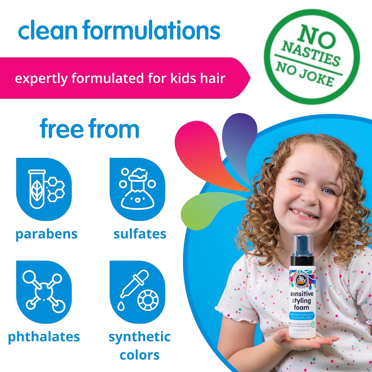 SoCozy Kids Sensitive Styling Foam - Gentle Hold Foam for Straight or Curly Hair | Rosemary Scent (6 fl oz)