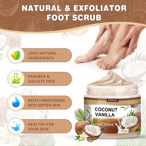 EIRNAY Coconut & Vanilla Foot Soak Set - Salts, Foot File, Scrub & Urea Cream Pedicure Supplies for Dry, Cracked Feet - Foot Spa Pedicure Kit for Women Men