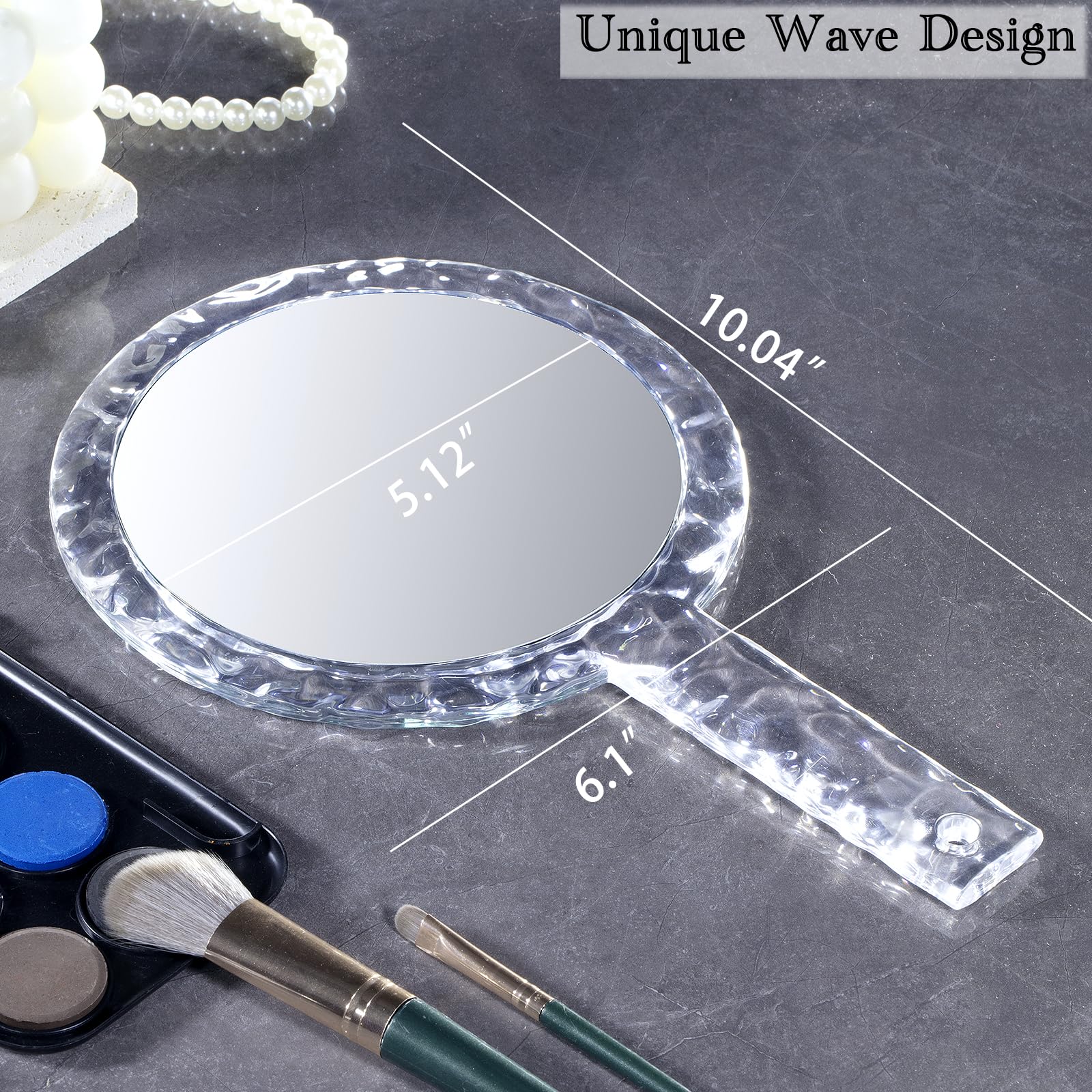 YEAKE Hand Mirror,Double-Sided Handheld 1X/5X Magnifying Mirror with Handle, Handle Makeup Mirror,Acrylic, 6.1" W x 10" L, Rounded Shape, Clear 1 PC