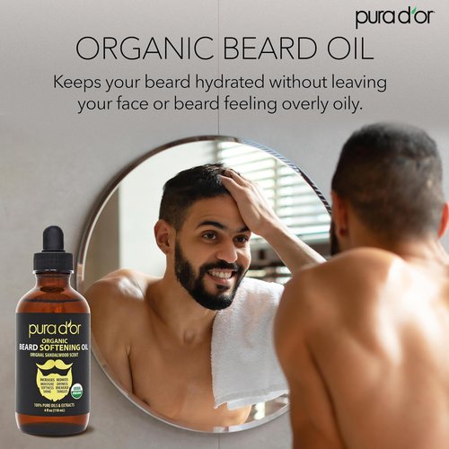 PURA D'OR Organic Beard Softening Oil - Original Sandalwood Scent - Leave-In Conditioner for Softness & Strength - 4 Oz
