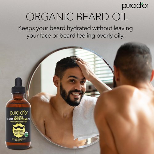 PURA D'OR 4 Oz ORGANIC Beard Softening Oil - Original Sandalwood Scent - Leave-In Conditioner, Argan & Jojoba Oil - Mustache Care & Maintenance, Increase Softness & Strength - Beard Hair, Skin & Face