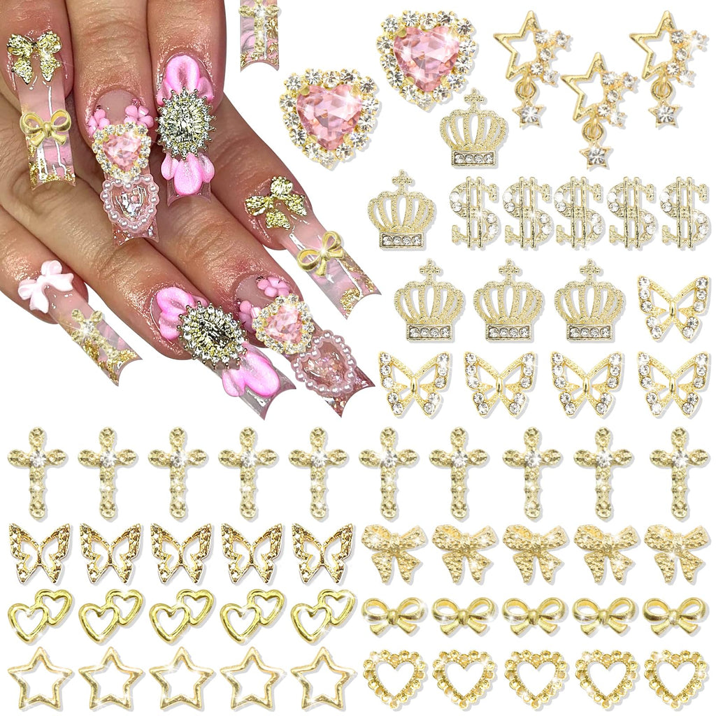 YAEISM 180PCS Gold Nail Charms: Cross Crystal Star, 3D Gold Butterfly, Sparkly Crown, Shiny Dollar Sign, Bling Cross Bowknot Starlight for Nail Art and DIY