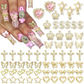 YAEISM 180PCS Gold Nail Charms: Cross Crystal Star, 3D Gold Butterfly, Sparkly Crown, Shiny Dollar Sign, Bling Cross Bowknot Starlight for Nail Art and DIY