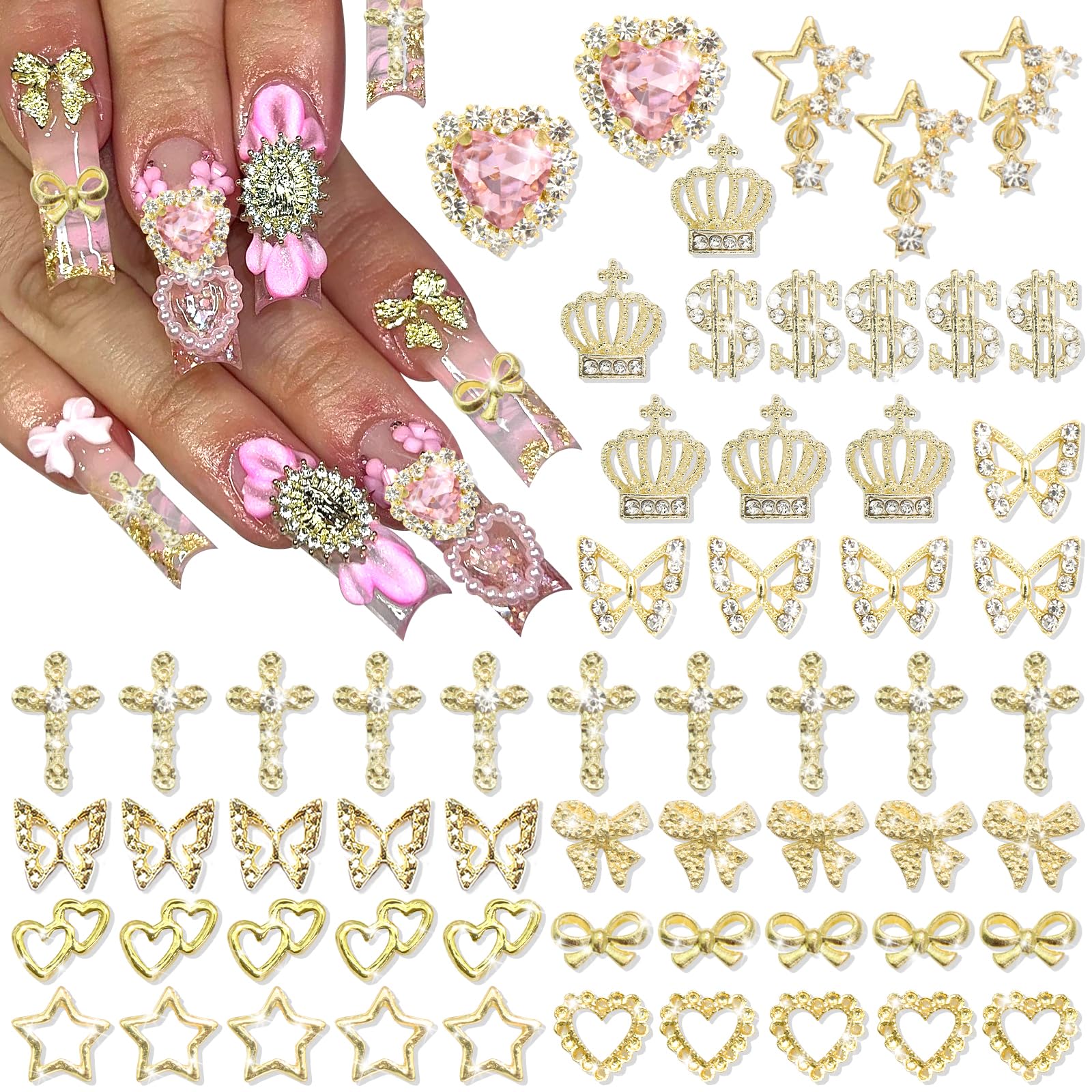 YAEISM 180PCS Gold Nail Charms: Cross Crystal Star, 3D Gold Butterfly, Sparkly Crown, Shiny Dollar Sign, Bling Cross Bowknot Starlight for Nail Art and DIY