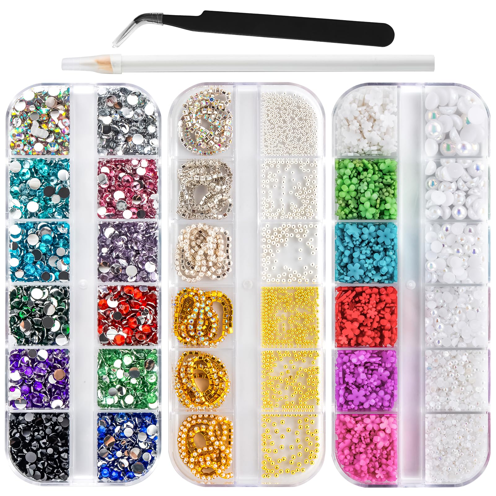 WATRZ 3 Boxes 5500 PCS Nail Art Rhinestones Multi-Color 3D Flowers Flatback Nail Gems Caviar Beads Metal Nail Chains White AB Half Round Pearl Nail Charms Art Nail Accessories for DIY Nail Decor