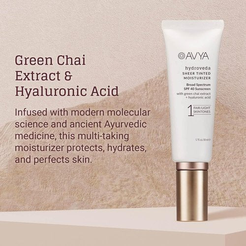 AVYA SPF 40 Sheer Tinted Moisturizer - Hydrating Hyaluronic Acid & Green Chai for Balanced Skin | Fair & Light Shade #1 (1.7oz/50ml)