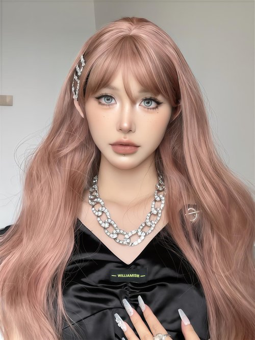 Aadesso peach beige color 65cm medium-length Wavy wigs for Daily Wear Heat Resistant Synthetic Matte wig with Realistic Simulation Scalp Middle Part with wig cap