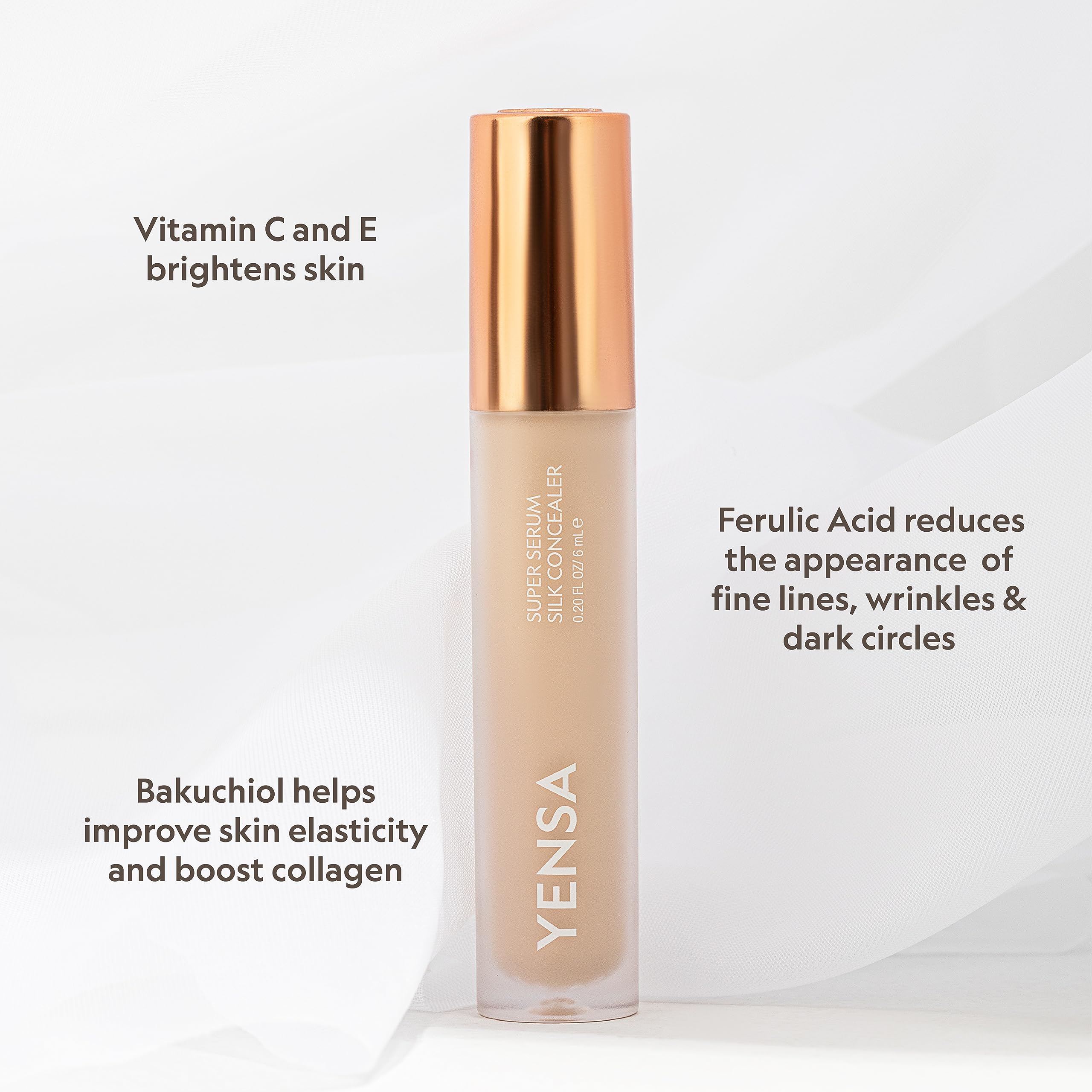 YENSA Super Serum Silk Concealer - Full Coverage Undereye Concealer & Peptides Serum for Face - Enriched with Vitamins C & E, Bakuchiol & Superfoods to Boost Radiance - Light 2 (0.2 Fl oz)