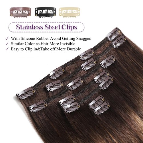 Clip in Hair Extensions Real Human Hair, Remy Human Hair Clip in Extensions for Women, 14 Inch 7Pcs 85g, Balayage Chocolate Brown to Caramel Blonde, Natural Straight Hair