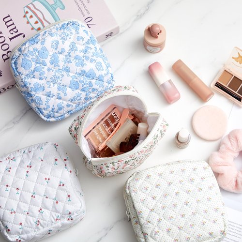 Abbylike 4 Pcs Floral Makeup Bag Cosmetic Bag with Zipper Portable Small Pouches for Purse Toiletry Mini Pouch Cute Mini Makeup Purse for Coin Essentials Items Women (Cute)