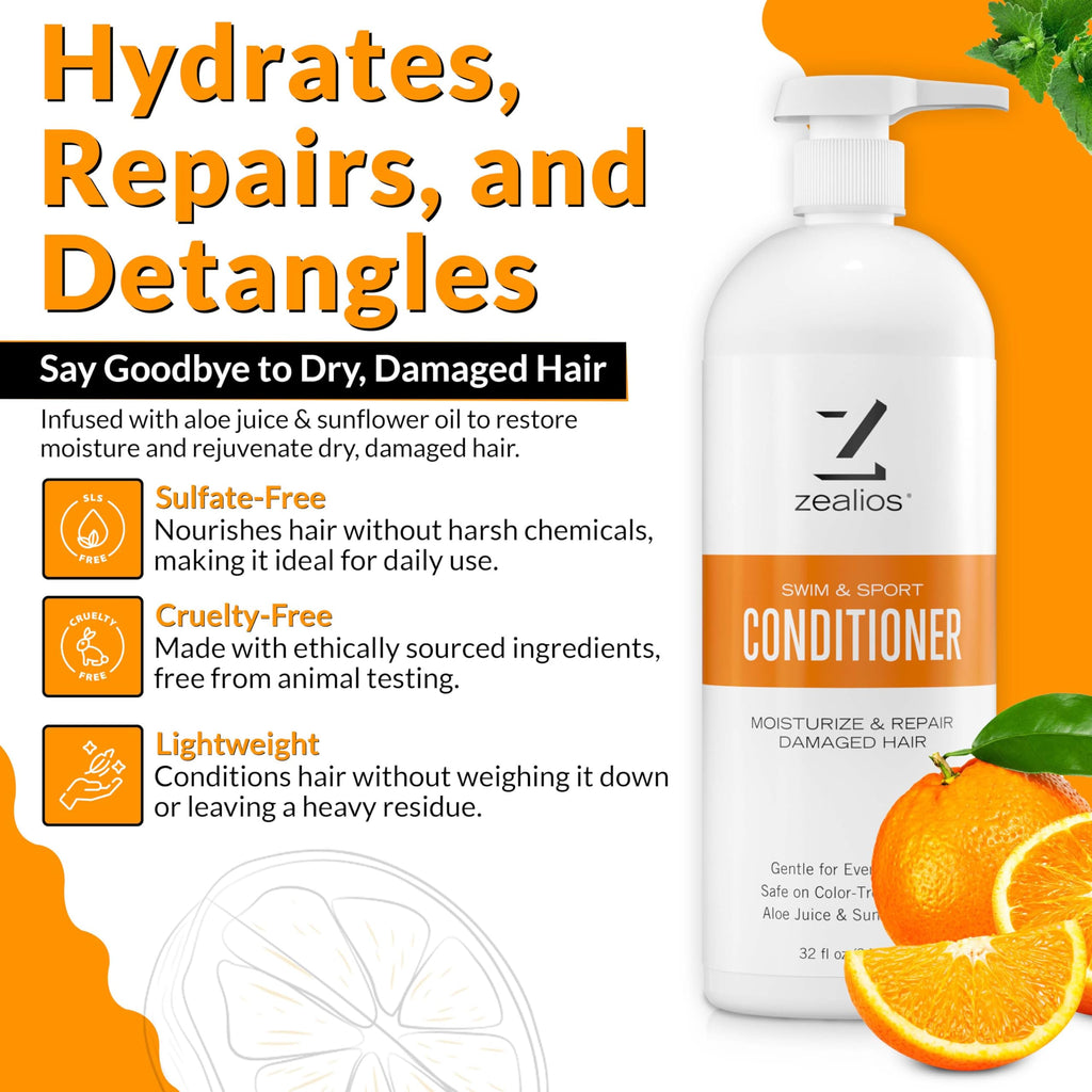 Zealios Swim & Sport Conditioner 32 Oz - Sulfate-Free Moisturizing Hair Conditioner, Hair Treatment for Swimmers & Athletes, Chlorine Removal, Hydrating, Vegan, Protects Color Treated Hair