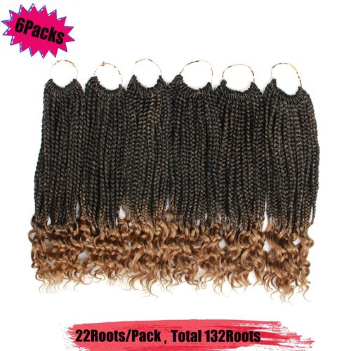 14 Inch Crochet Box Braids Hair Curly Ends Ombre Brown Curly Wave Synthetic Box Hair For Braid 6Packs 22 Strands/pcs Crochet Braids For Women(14inch, 1B/27#) …