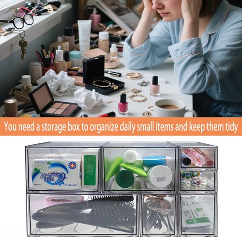 MINIBIGBOX 7 Pack Stackable Storage Drawers Acrylic Bathroom Makeup Organizer Clear Plastic Storage Bins for Makeup,Vanity,Pantry,Desk,Undersink,Kitchen