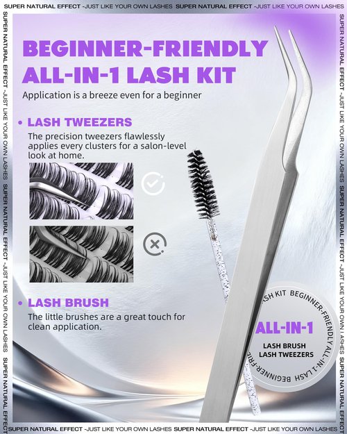 EYDEVRO Wispy Lash Clusters kit Eyelash Clusters Kit Natural Cluster Eyelash Extensions 10-16mm D Curl Cluster Lashes Salon-quality DIY Lash Extensions Kit at Home Lash Bond and Seal, Tweezers, Brush
